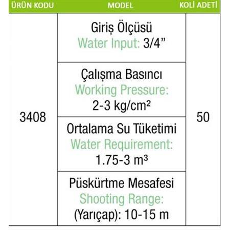 A/4 Plastik Yağmurlama Başlığı 3/4" Açısız 360 Derece İç Diş Mesafe=10-15 Metre